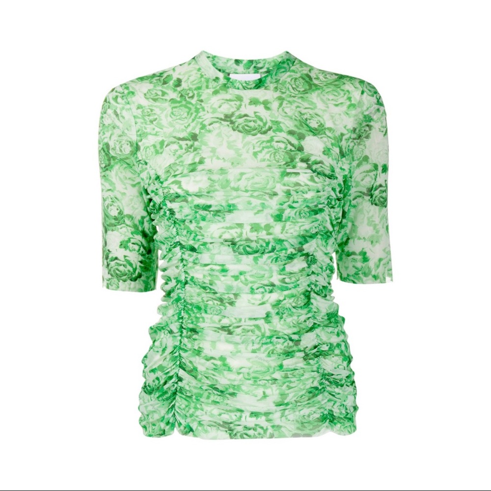 Ganni Ruched green floral Mesh top Size 32